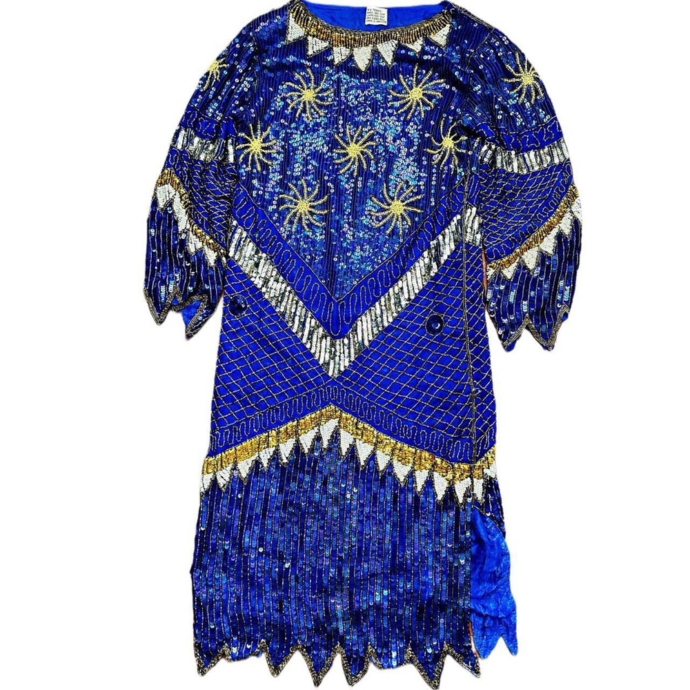 Beautiful Vintage 1970s 70s Hand-Sequin & Beaded Silk Long-Sleeve Indian Dress M